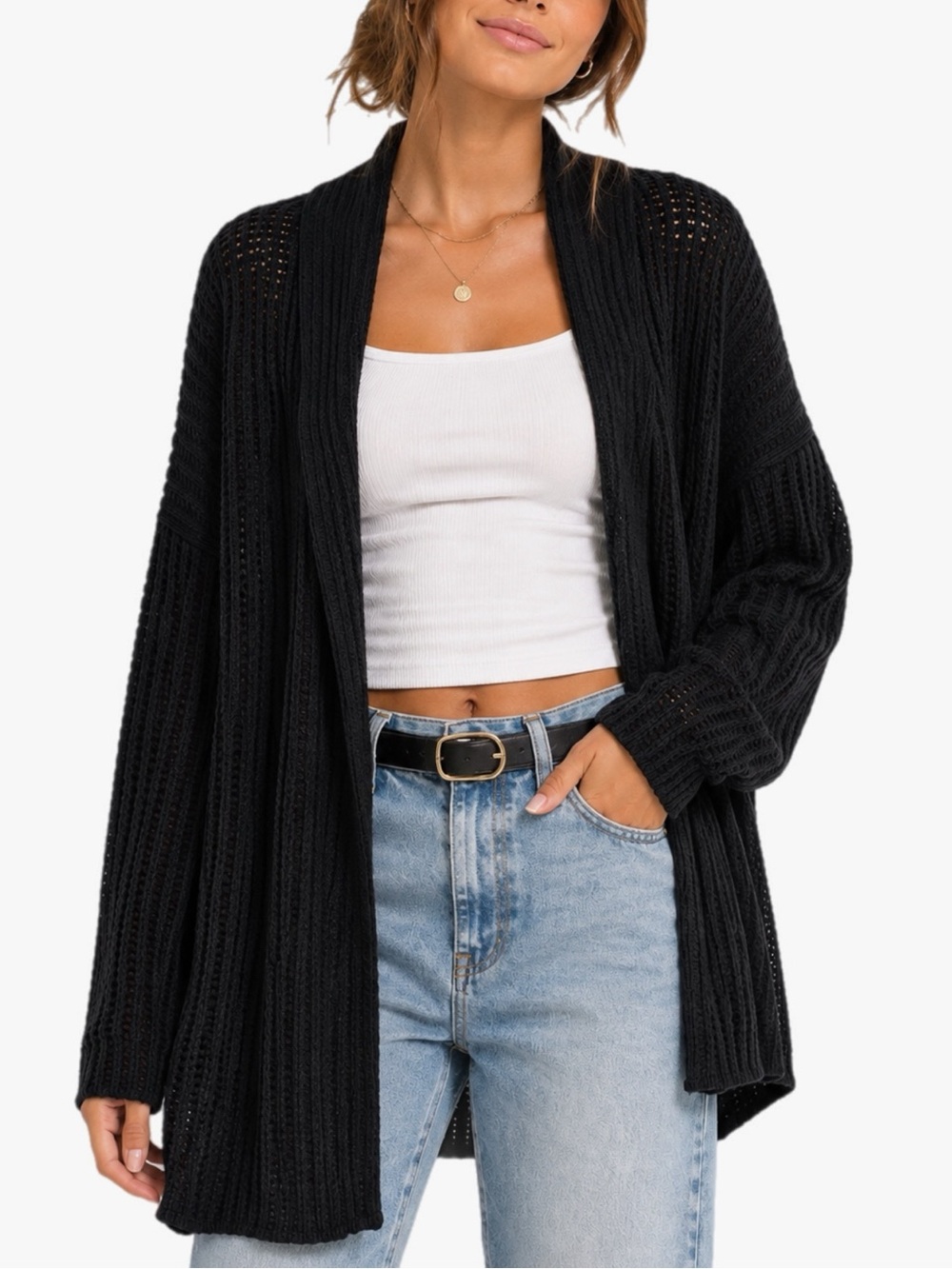 Daisy Fuentes Black Open Knit Cardigan Sweater Longline Women’s Size Medium